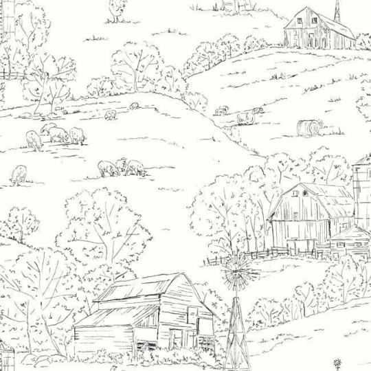 York FH4031 Simply Farmhouse Pasture Toile Black/White - tapeta w szkic wiejskiego krajobrazu