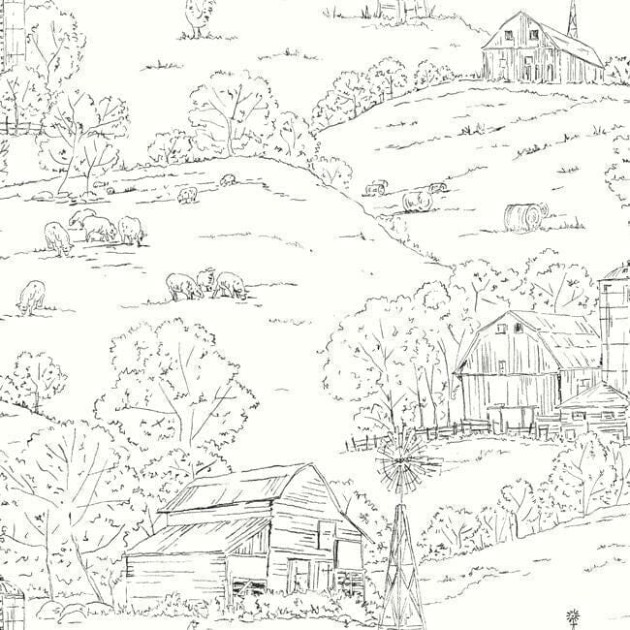 York FH4031 Simply Farmhouse Pasture Toile Black/White - tapeta w szkic wiejskiego krajobrazu