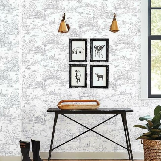 York FH4032 Simply Farmhouse Pasture Toile Navy/White - tapeta w szkic wiejskiego krajobrazu