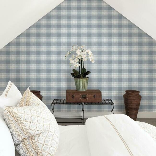 York FH4084 Simply Farmhouse Woven Buffalo Check Blue - tapeta w kratę