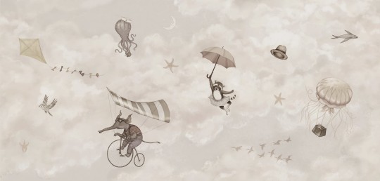 Rebel Walls R20589 Family Fun In the Clouds Beige - mural dziecięcy w niebo i zwierzęta