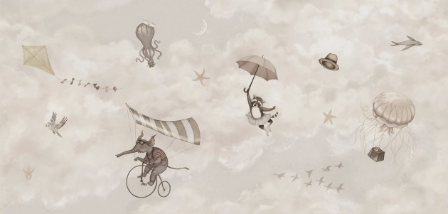 Rebel Walls R20589 Family Fun In the Clouds Beige - mural dziecięcy w niebo i zwierzęta