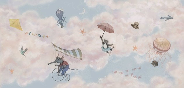 Rebel Walls R20590 Family Fun In the Clouds Pink - mural dziecięcy w niebo i zwierzęta