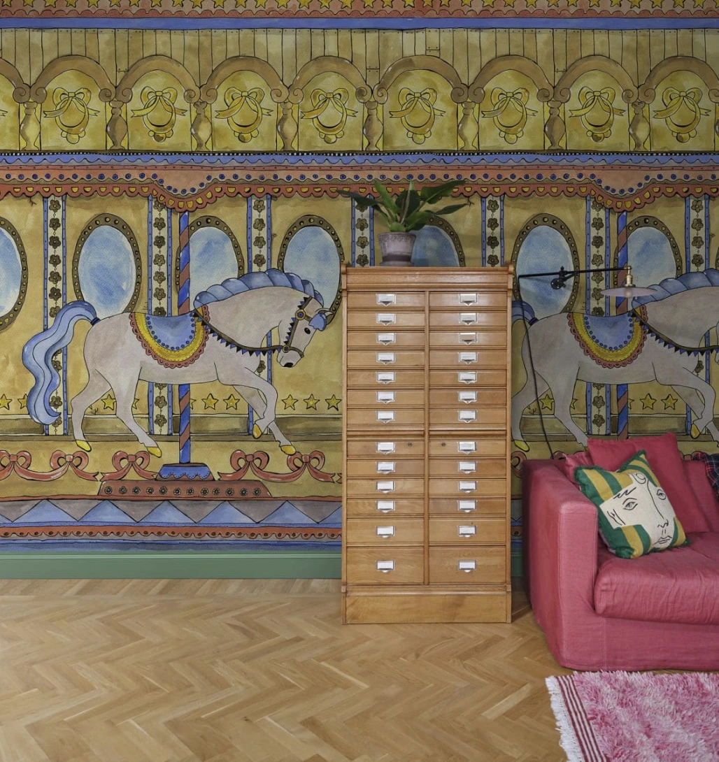 Rebel Walls R20591 Family Fun Merry Go Around Yellow - mural dziecięcy w motyw karuzeli