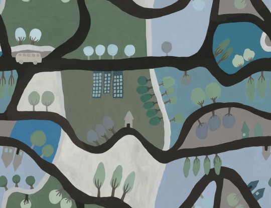 Rebel Walls R20003 Family Fun Road Trip Blue & Green - mural dziecięcy w krajobraz