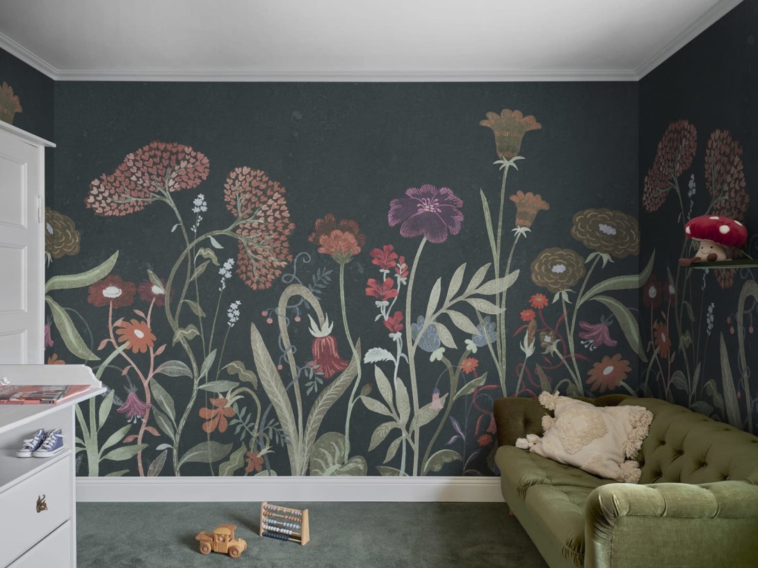 Rebel Walls R20608 Family Fun Summerfield Dark Green - mural dziecięcy w polne kwiaty
