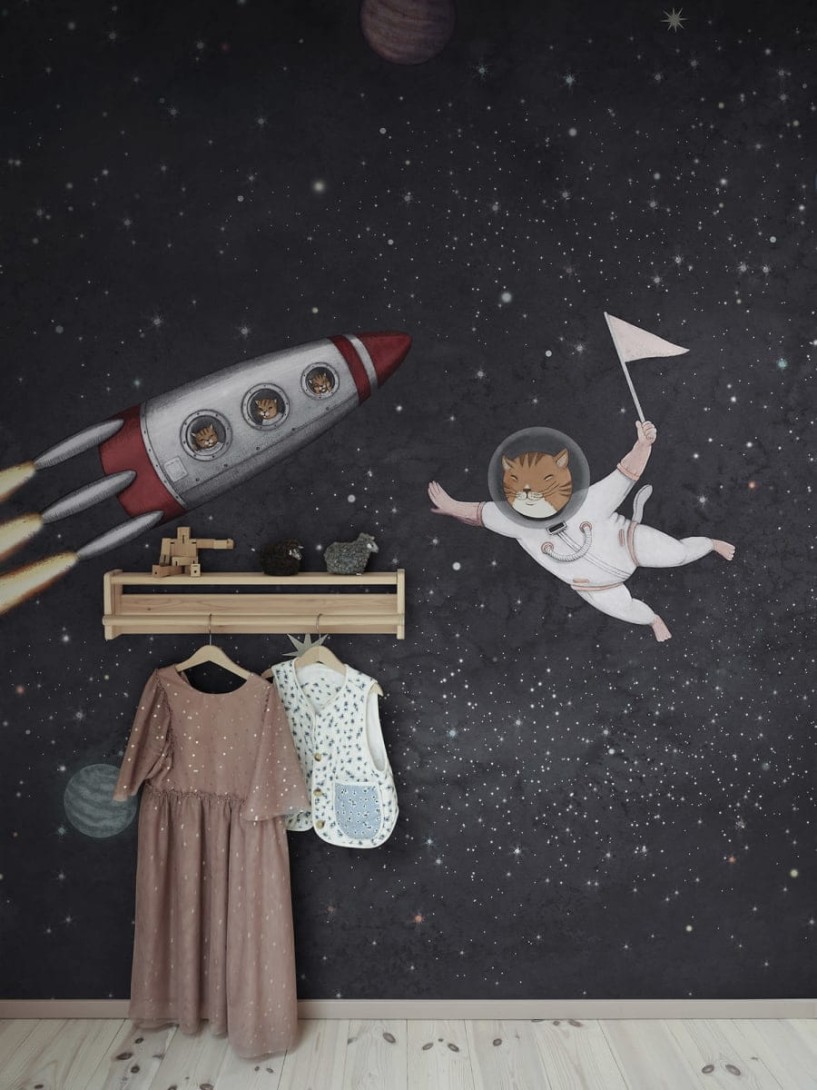 Rebel Walls R20605 Family Fun Space Cats Midnight - mural dziecięcy w motyw kosmosu