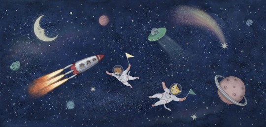 Rebel Walls R20606 Family Fun Space Cats Dark Blue - mural dziecięcy w motyw kosmosu