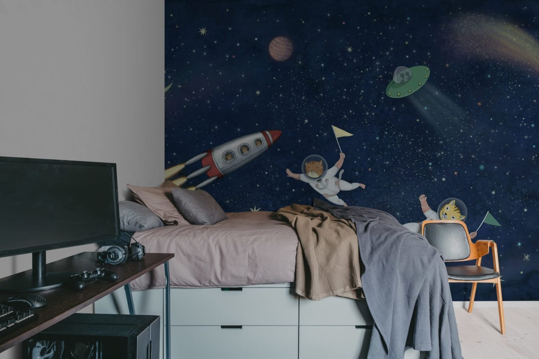 Rebel Walls R20606 Family Fun Space Cats Dark Blue - mural dziecięcy w motyw kosmosu