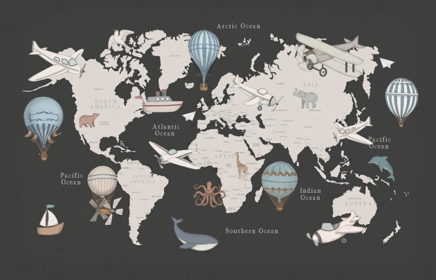 Rebel Walls R20594 Family Fun Playful World Dark Blue - mural dziecięcy w mapę świata