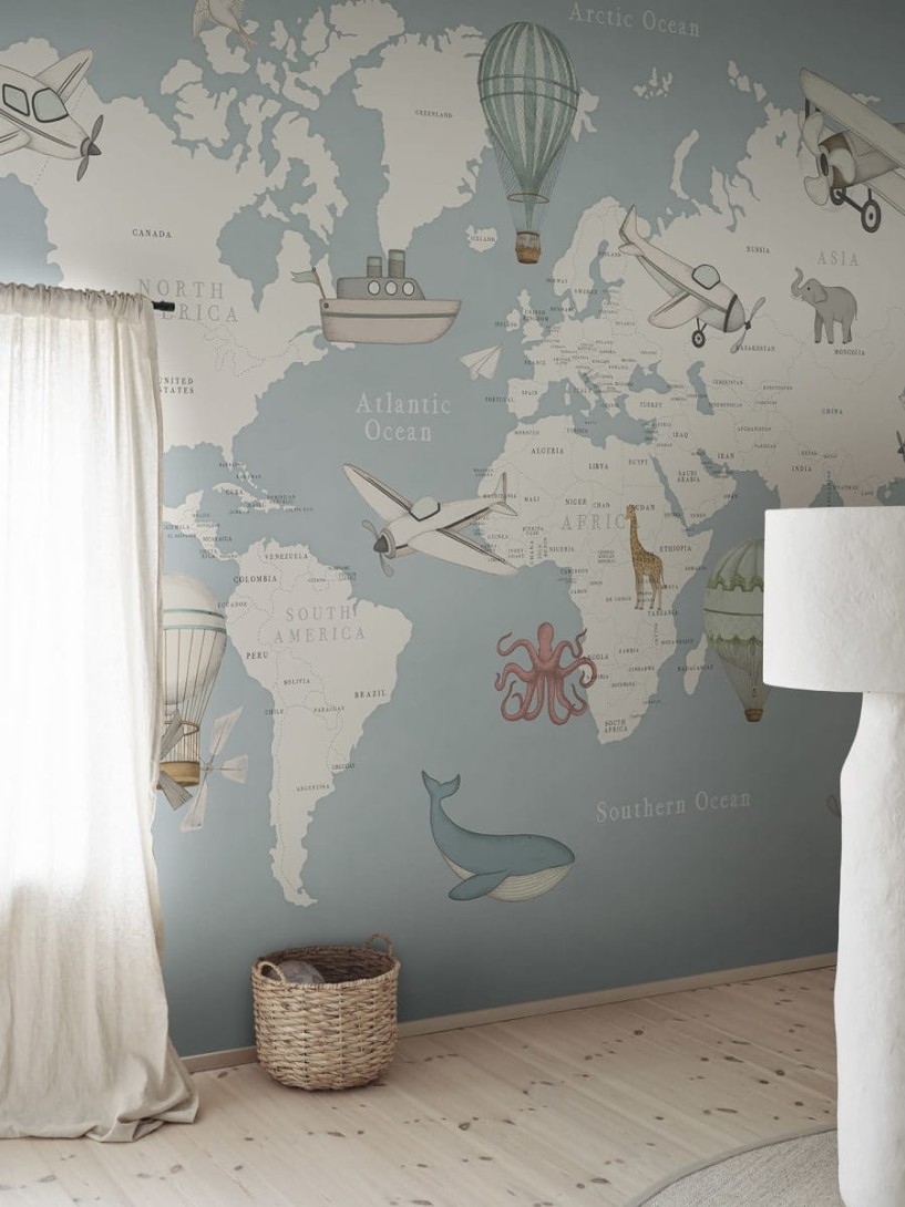 Rebel Walls R20595 Family Fun Playful World Light Blue - mural dziecięcy w mapę świata