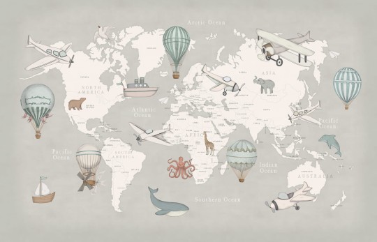 Rebel Walls R20596 Family Fun Playful World Light Gray - mural dziecięcy w mapę świata