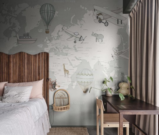 Rebel Walls R20596 Family Fun Playful World Light Gray - mural dziecięcy w mapę świata