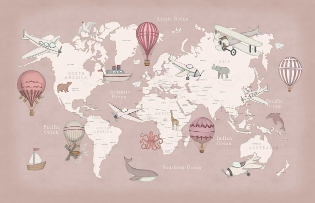 Rebel Walls R20597 Family Fun Playful World Light Pink - mural dziecięcy w mapę świata