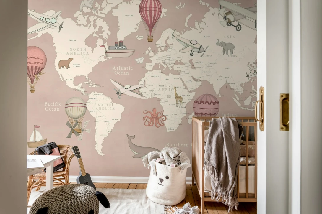Rebel Walls R20597 Family Fun Playful World Light Pink - mural dziecięcy w mapę świata