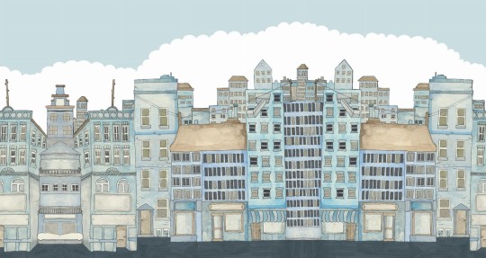 Rebel Walls R20586 Family Fun Funny Houses Light Blue - mural dziecięcy w bajkowe miasteczko