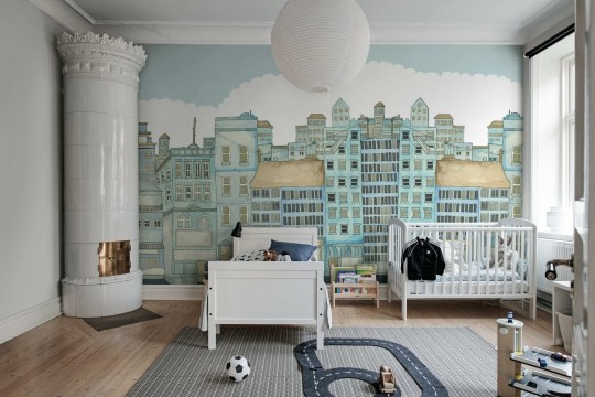 Rebel Walls R20586 Family Fun Funny Houses Light Blue - mural dziecięcy w bajkowe miasteczko