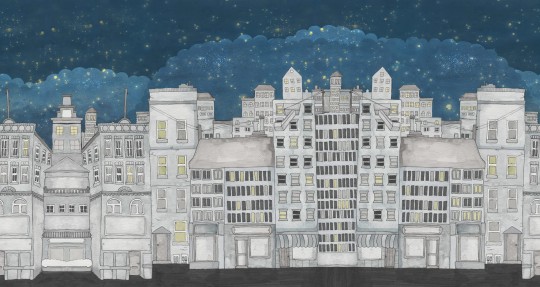 Rebel Walls R20587 Family Fun Funny Houses Dark Blue - mural dziecięcy w bajkowe miasteczko