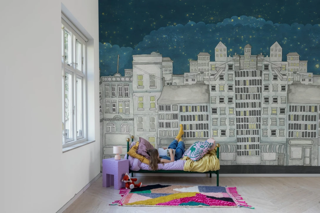 Rebel Walls R20587 Family Fun Funny Houses Dark Blue - mural dziecięcy w bajkowe miasteczko