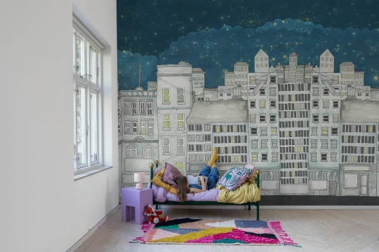 Rebel Walls R20587 Family Fun Funny Houses Dark Blue - mural dziecięcy w bajkowe miasteczko