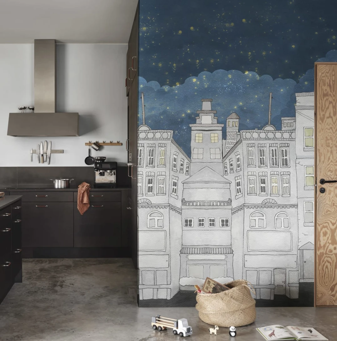 Rebel Walls R20587 Family Fun Funny Houses Dark Blue - mural dziecięcy w bajkowe miasteczko