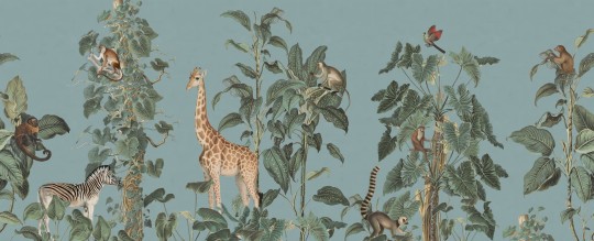 Rebel Walls R19991 Family Fun Wildlife Stroll Blue - mural dla dzieci w egzotyczne zwierzęta i rośliny