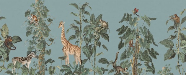 Rebel Walls R19991 Family Fun Wildlife Stroll Blue - mural dla dzieci w egzotyczne zwierzęta i rośliny