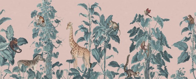 Rebel Walls R19992 Family Fun Wildlife Stroll Pink - mural dla dzieci w egzotyczne zwierzęta i rośliny