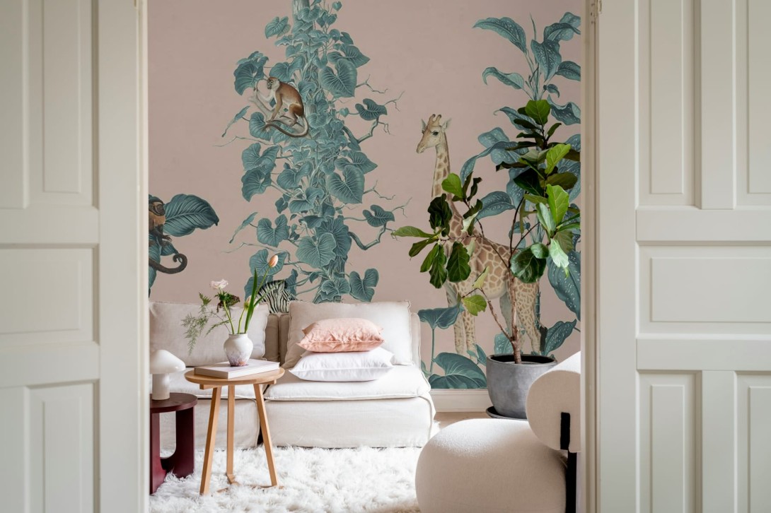 Rebel Walls R19992 Family Fun Wildlife Stroll Pink - mural dla dzieci w egzotyczne zwierzęta i rośliny