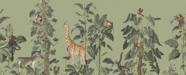 Rebel Walls R19994 Family Fun Wildlife Stroll Green - mural dla dzieci w egzotyczne zwierzęta i rośliny