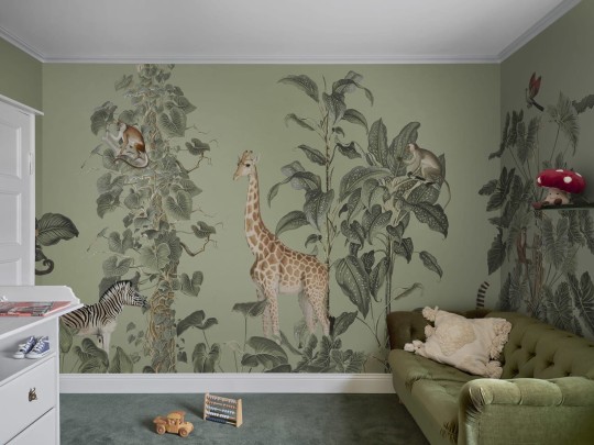 Rebel Walls R19994 Family Fun Wildlife Stroll Green - mural dla dzieci w egzotyczne zwierzęta i rośliny