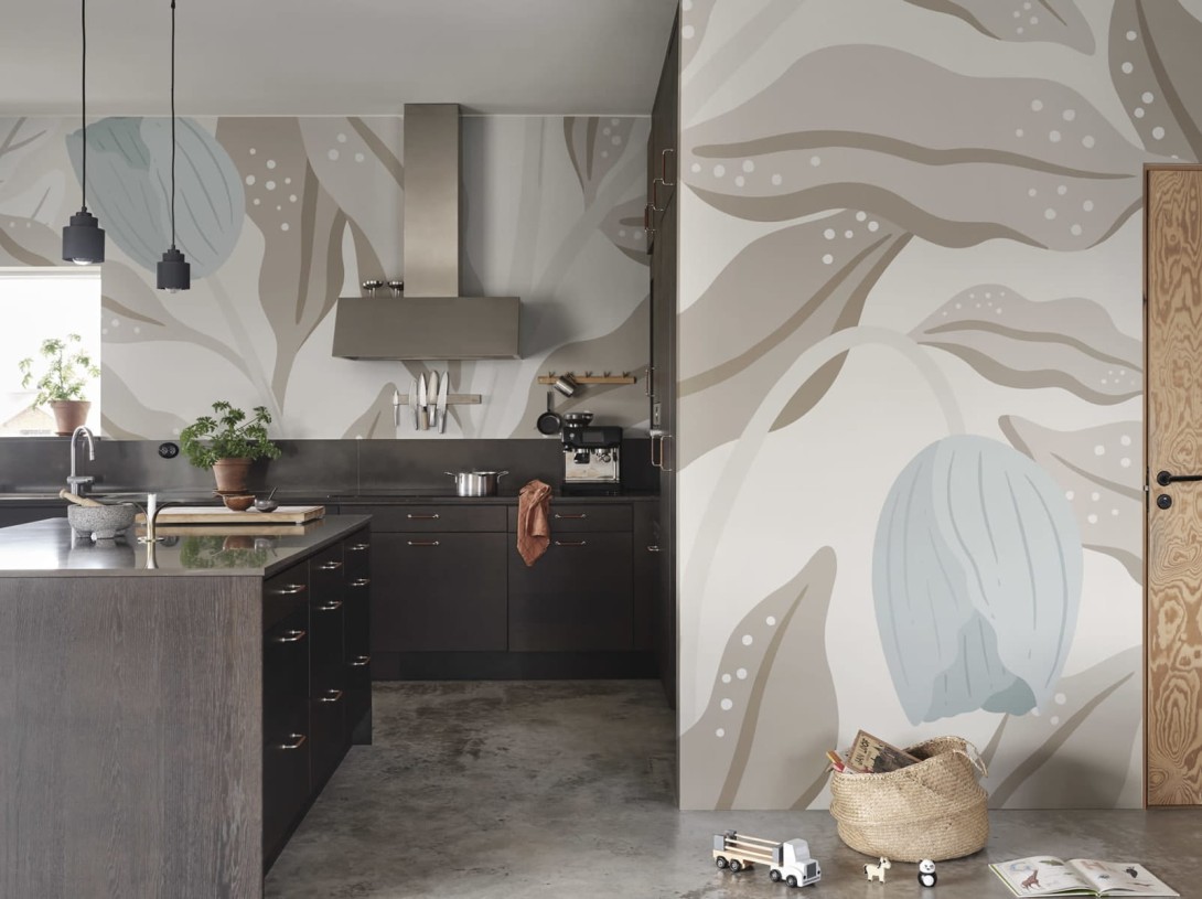 Rebel Walls R19960 Family Fun Cool Flora Beige & Blue - mural w duże liście