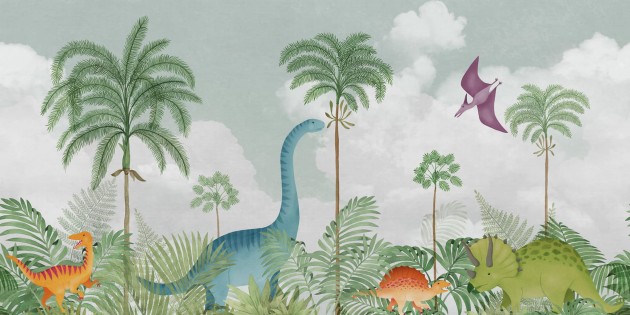 Rebel Walls R19974 Family Fun Dinosaur World Green - mural dziecięcy w dinozaury