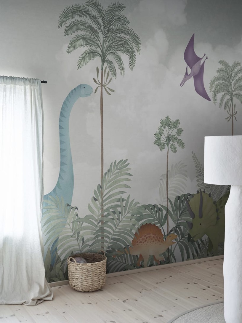 Rebel Walls R19975 Family Fun Dinosaur World Light Green - mural dziecięcy w dinozaury