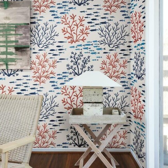 York CV4405 Water's Edge Resource Library Marine Garden Coral/Navy - tapeta w morski motyw