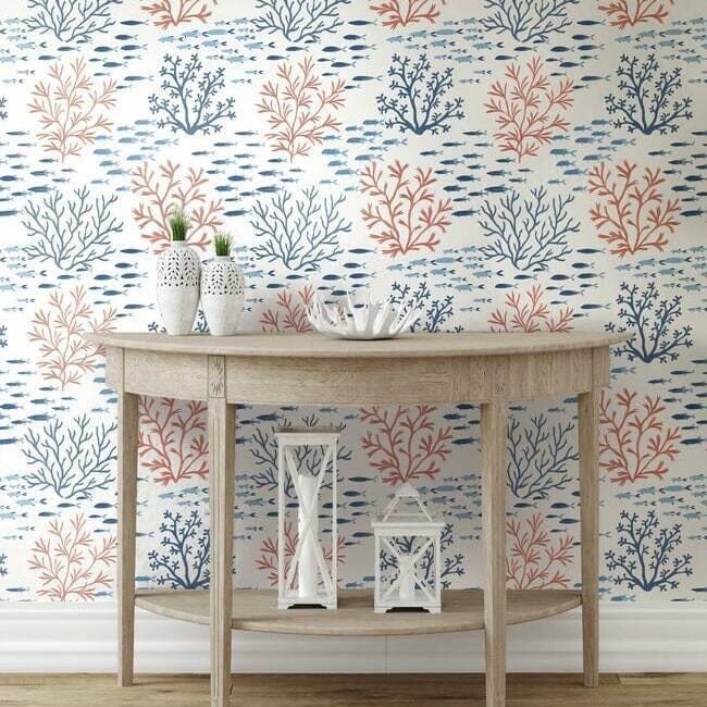 York CV4405 Water's Edge Resource Library Marine Garden Coral/Navy - tapeta w morski motyw