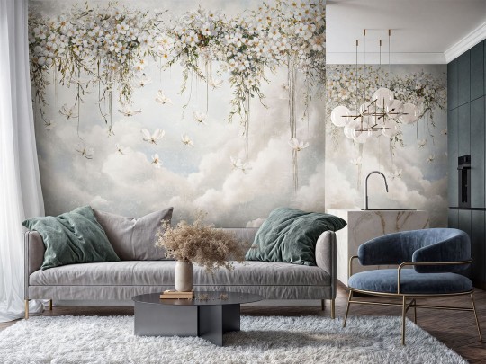 Wallcraft 990 31 2402 2024 Tullia - mural w białe kwiaty i chmury