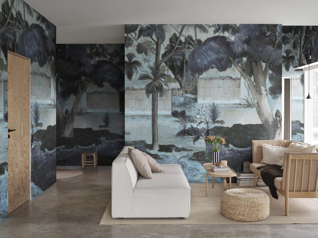 Rebel Walls R20544 First Rebels The Large Tree Blue - mural w roślinny krajobraz inspirowany dziełem Gauguina