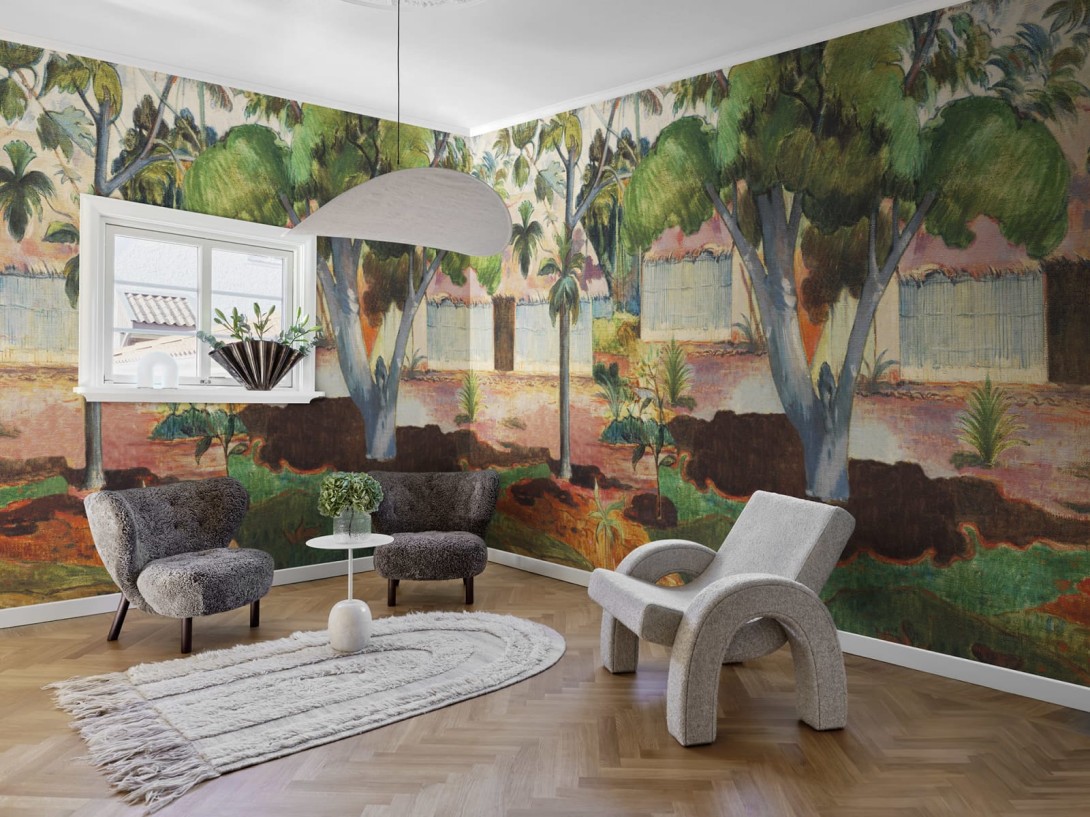 Rebel Walls R20543 First Rebels The Large Tree Repeatable - mural w roślinny krajobraz inspirowany dziełem Gauguina