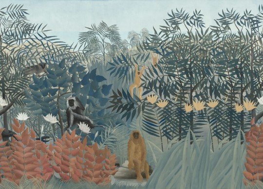 Rebel Walls R20574 First Rebels Tropical Forest With Monkeys Blue - mural w egzotyczne rośliny inspirowany dziełem Rousseau