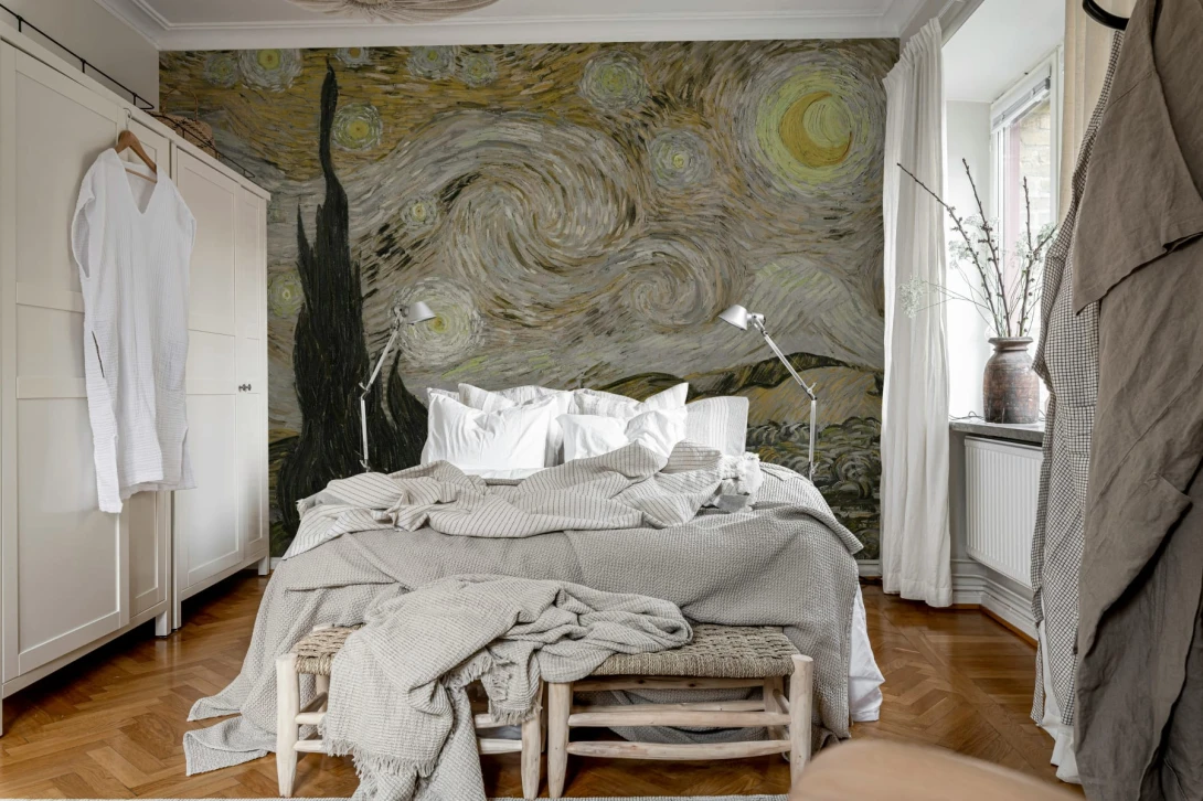Rebel Walls R20556 First Rebels Starry Night Brown - mural w obraz Gwiaździsta Noc Vincenta van Gogha