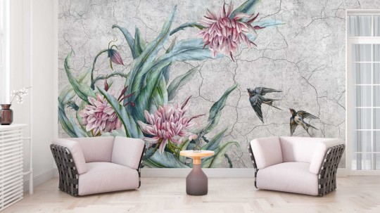 Wall & More 2461 21A Primavera - mural w rośliny i ptaki na surowym tle