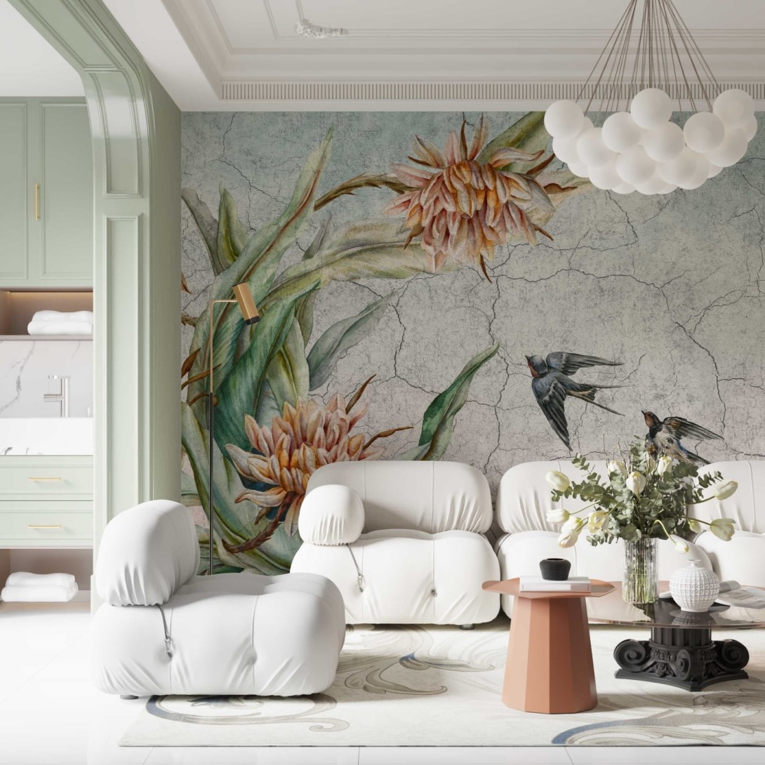 Wall & More 2461 21A Primavera - mural w rośliny i ptaki na surowym tle