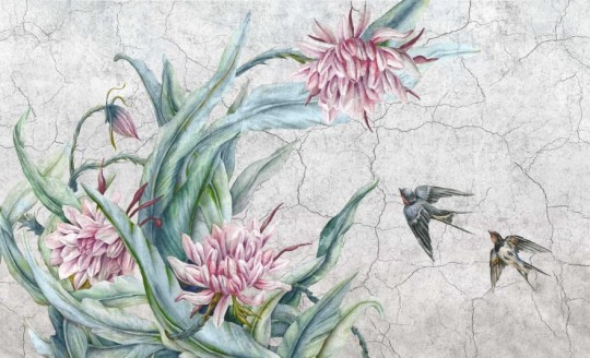 Wall & More 2462 24B Primavera - mural w rośliny i ptaki na surowym tle