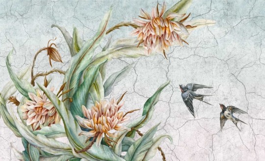 Wall & More 2463 24C Primavera - mural w rośliny i ptaki na surowym tle