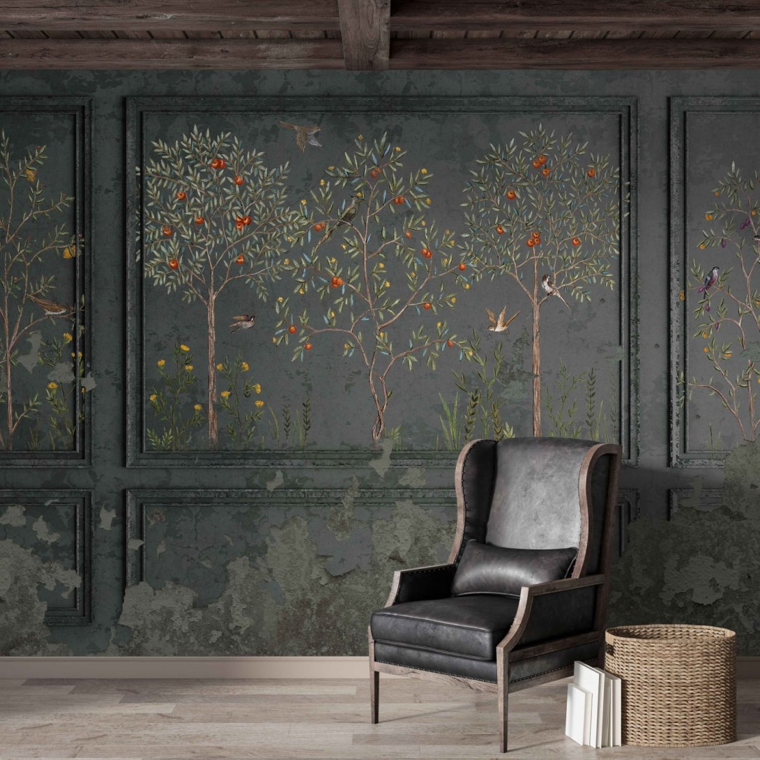 Wall & More 2497 17B Orchadia - mural w drzewa i ptaki z motywem sztukaterii