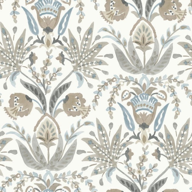 York MN1915 Mediterranean Seaside Jacobean White/Taupe/Blue - tapeta w stylizowane rośliny