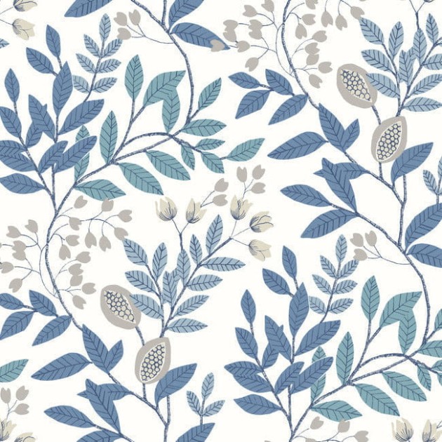 York MN1842 Mediterranean Eden Retreat White/Blue/Glint - tapeta w liście