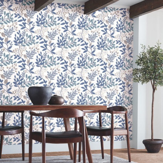 York MN1842 Mediterranean Eden Retreat White/Blue/Glint - tapeta w liście