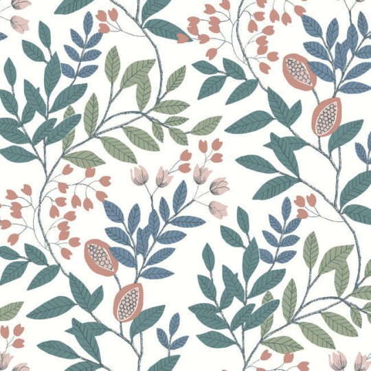 York MN1843 Mediterranean Eden Retreat White/Pink/Teal - tapeta w liście